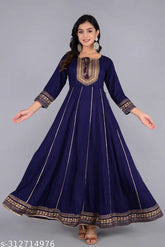 Blue gold printed rayon Anarkali long kurta with dori tassel works, breathable fabric for summer events